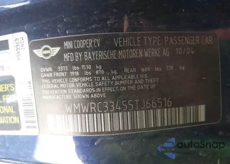 2005 Mini Cooper из США, поврежденный, VIN WMWRC33455TJ66516